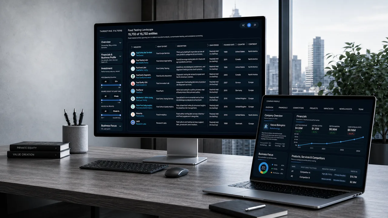 Deal sourcing platform displayed on office monitors