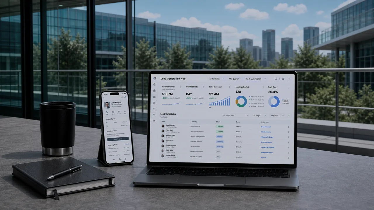 Lead generation and sales automation interface displayed on a laptop