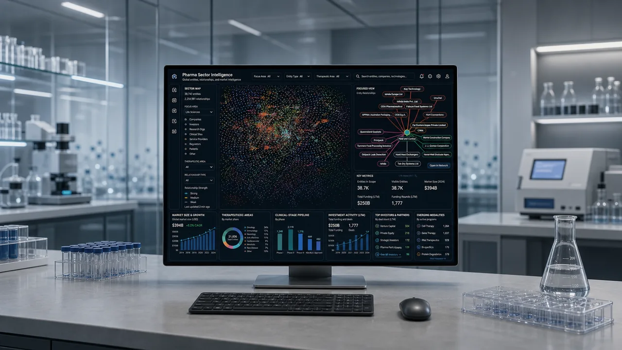Sector intelligence platform interface displayed on a laptop
